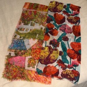 Vibrant Floral & Village Print Lightweight Scarf Duo